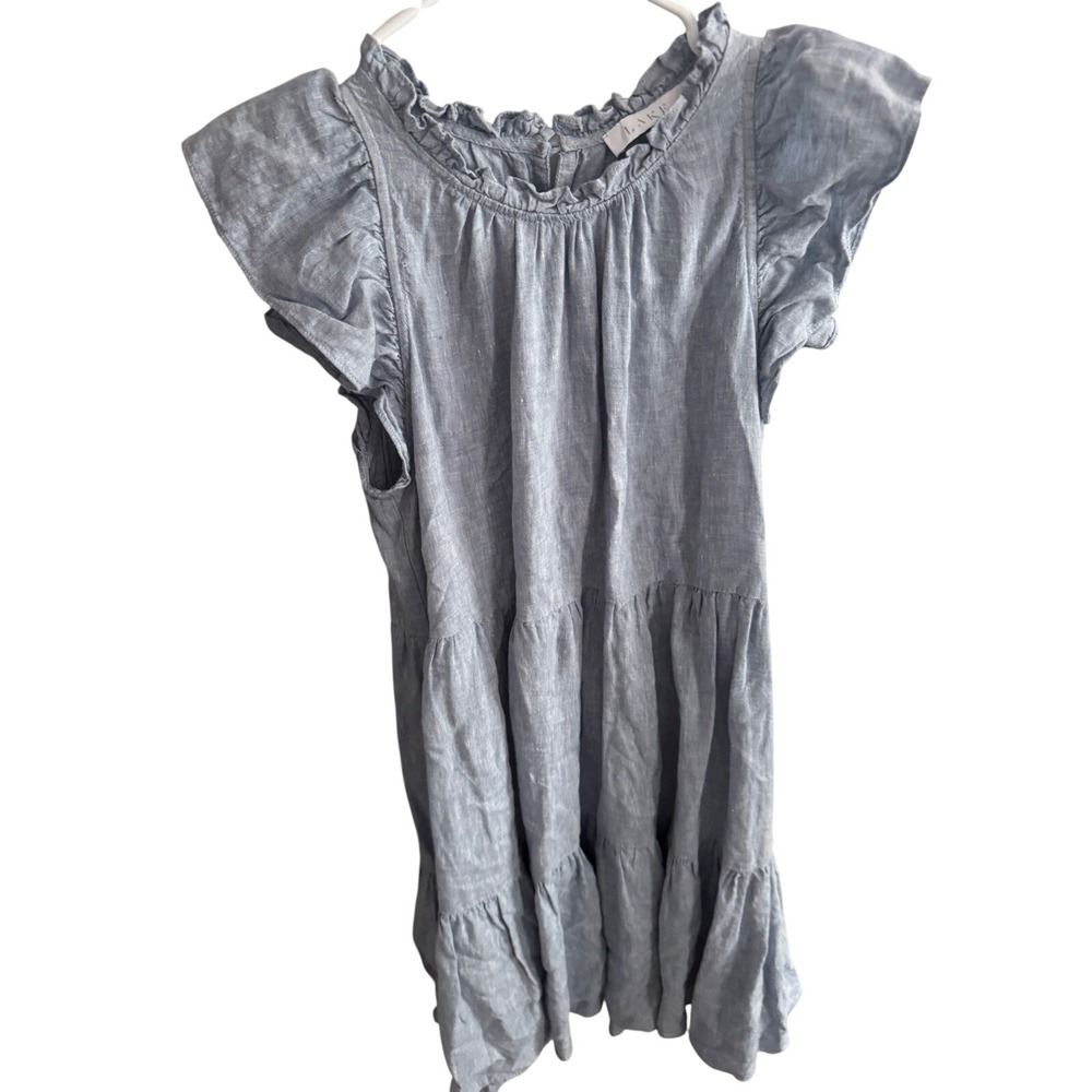 Lake Pajamas Womens Blue Linen Tiered Ruffle Flutter Sleeve Midi Dress Size M